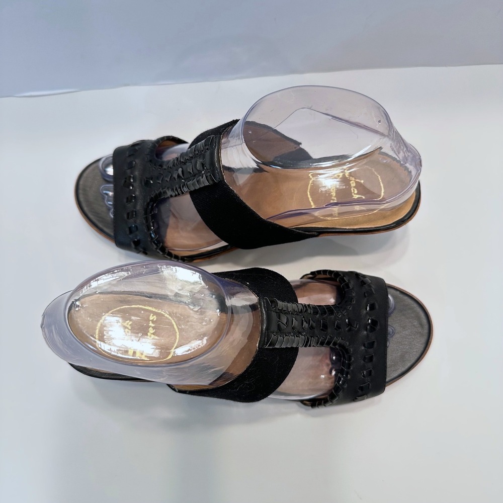 Jack Rogers Black Leather Whipstitch T-Strap Wedge Sandals Womens 7.5M - Picture 2 of 10